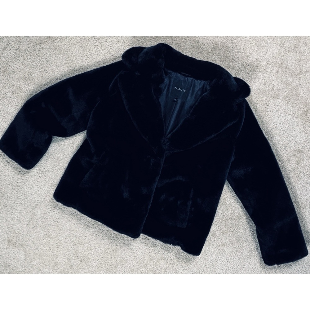 Talbots Womens Faux Fur Black Collared Lined Button Jacket Pockets Medium